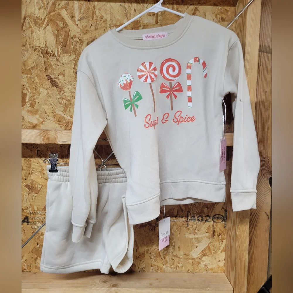 Violet Skye NWT Youth Girls 2pc Sweatshirt/Shorts Set Sugar & Spice Christmas 10